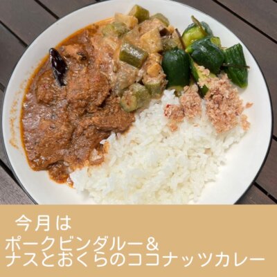 ポークビンダルー&ナスとおくらのココナッツカレー🍛